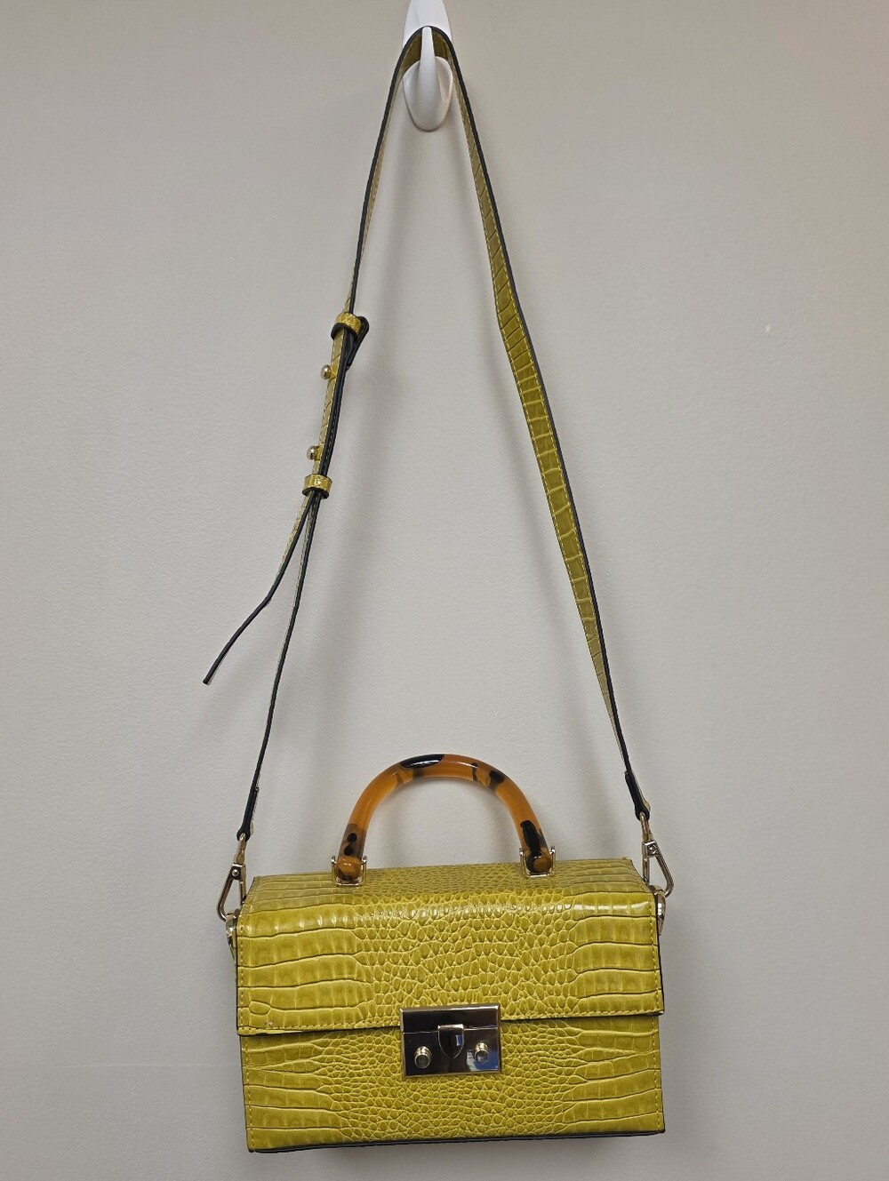 Topshop Yellow Croc-Embossed Box Crossbody with Tortoiseshell Handle